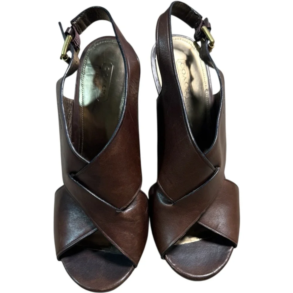 Coach Jamila‎ Wedge Sandals Brown Leather Open Toe Heels Size 8.5B - Picture 6 of 11